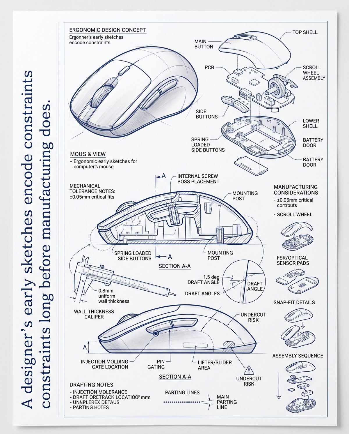 Bocetos técnicos de diseño industrial de un mouse de computadora, con notas de tolerancias mecánicas, ángulos de desmolde y espesor de pared, en estilo de plano de ingeniería