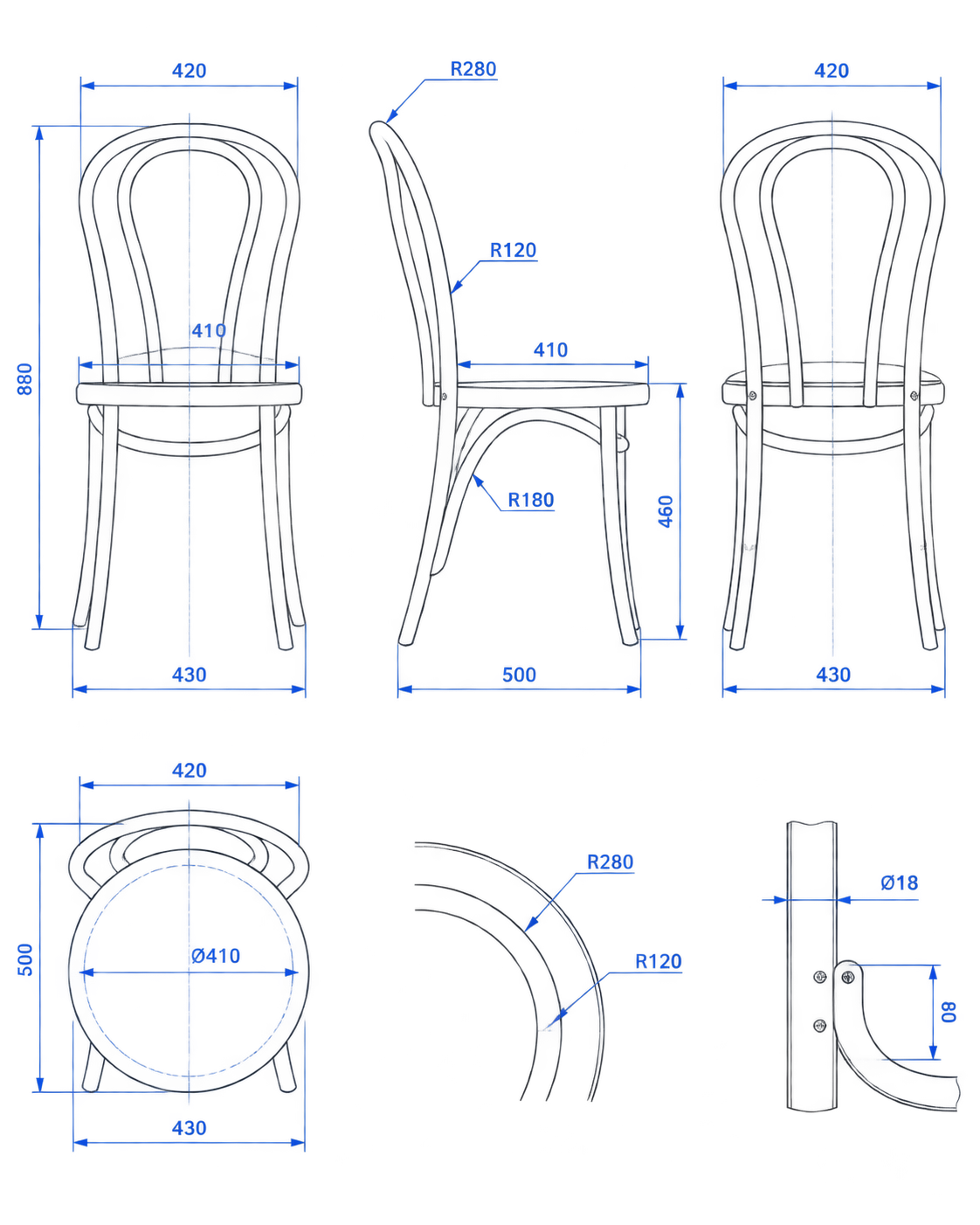 Plano técnico de una silla con dimensiones y radios, fondo transparente, contenido sin recortar