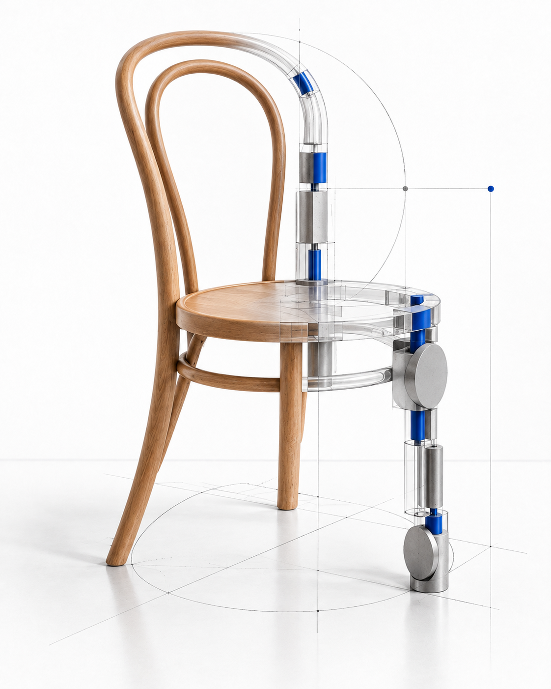 Silla de madera curvada que se transforma gradualmente en un componente digital modular
