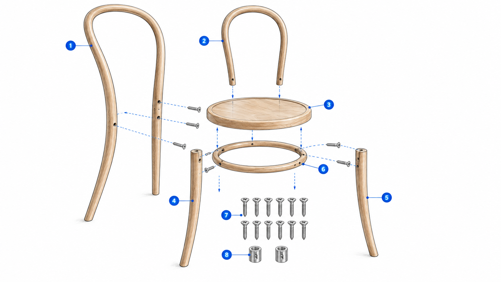 Vista explosionada técnica de la silla Thonet No. 14 mostrando sus seis piezas de madera curvada y el herraje