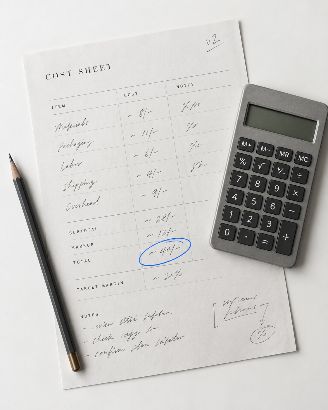 Hoja de cálculo de costos y calculadora sobre una mesa de trabajo, con notas manuscritas