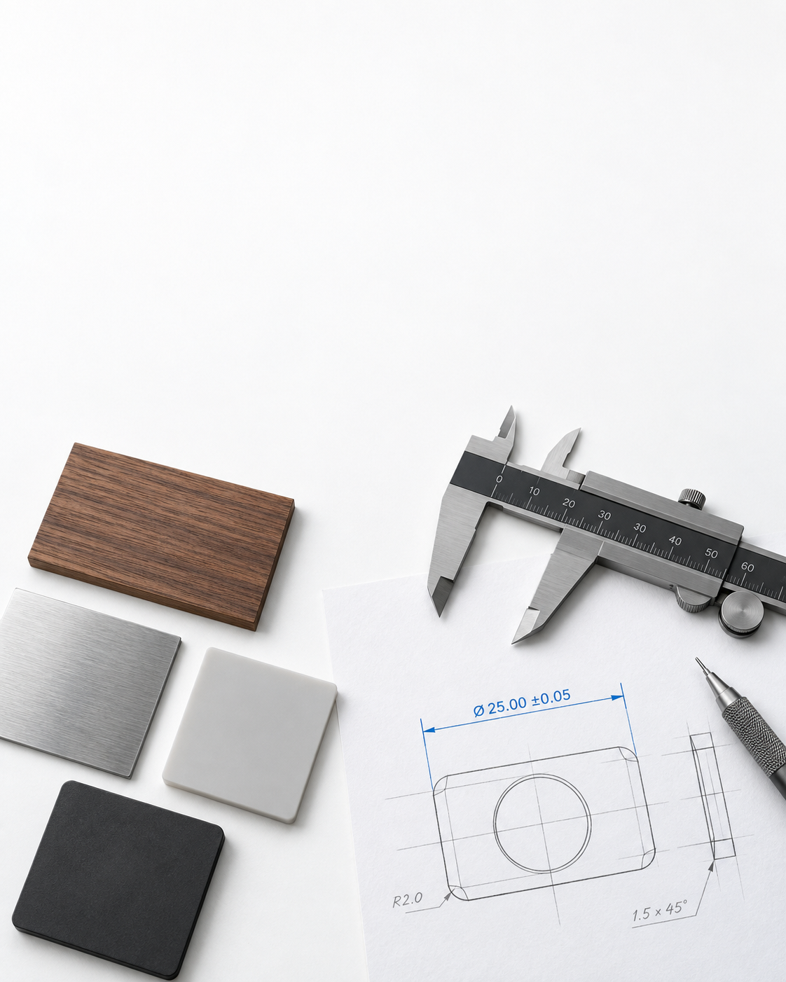 Muestras de materiales industriales y notas de tolerancia sobre una mesa de diseño