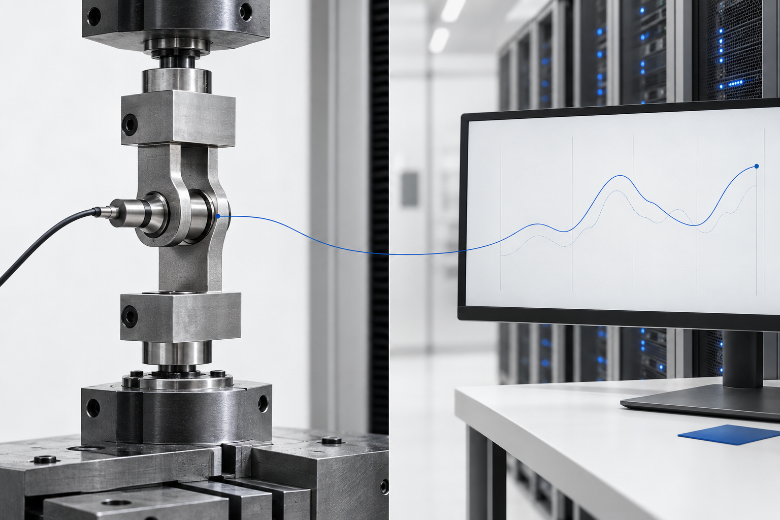 Bisagra mecánica bajo prueba de carga junto a un panel de monitoreo de tráfico de servidor
