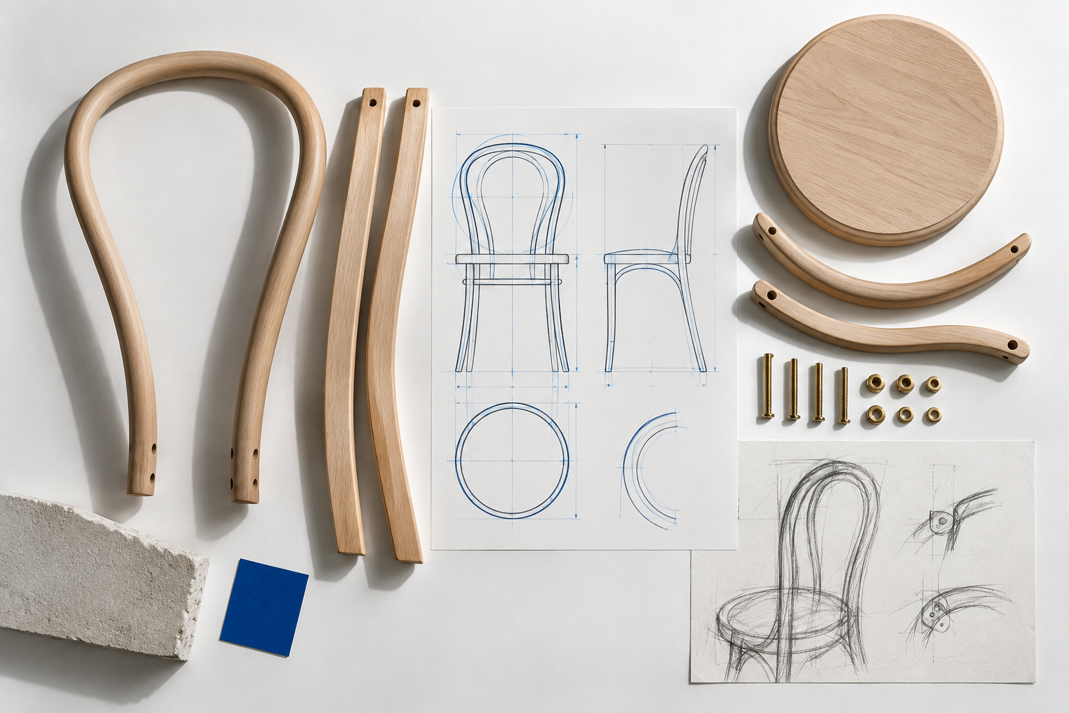 Piezas de madera curvada, tornillos y tuercas de la silla Thonet No. 14 dispuestas sobre una mesa de estudio