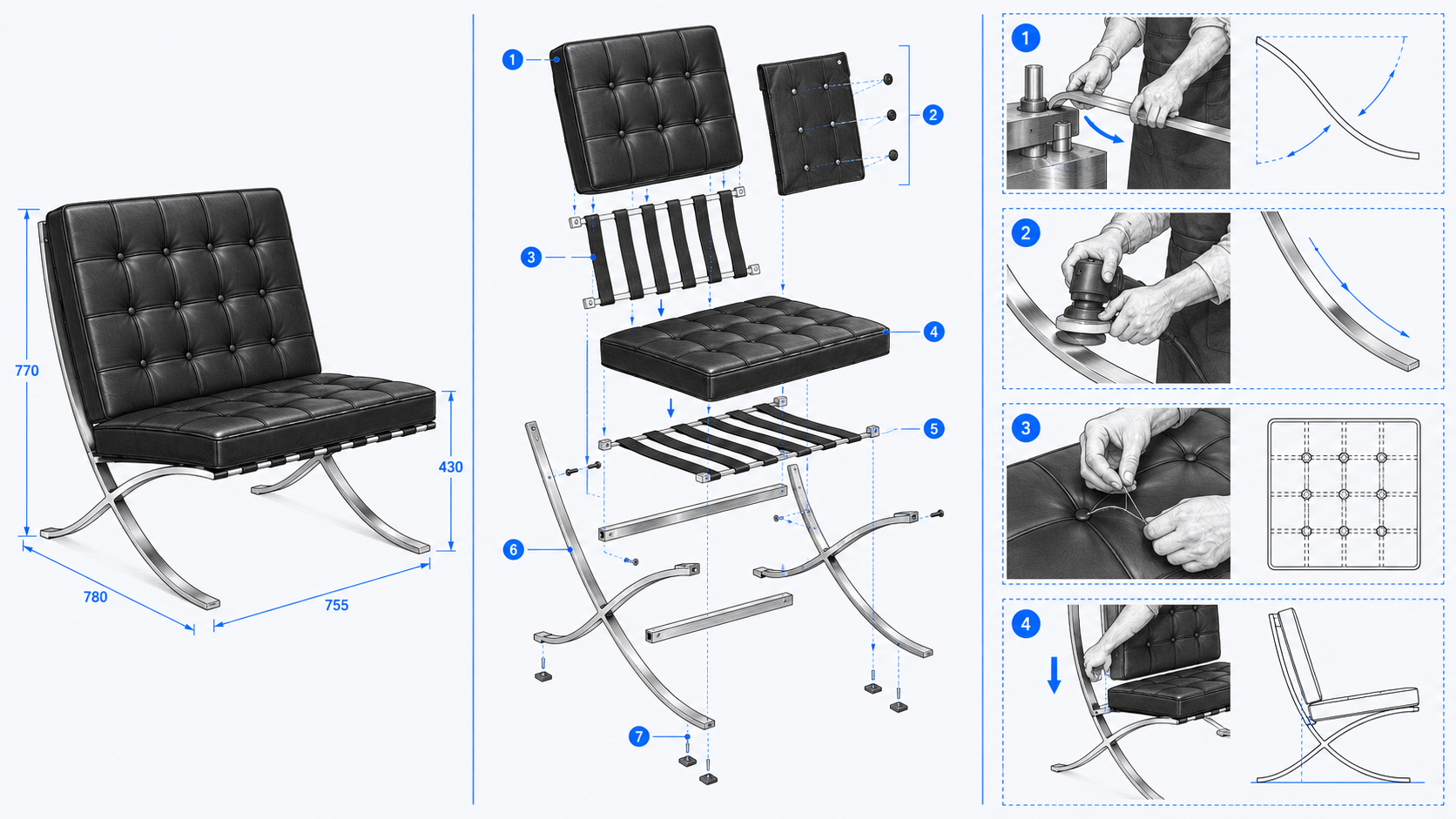 La estructura de acero cruzado del Sillón Barcelona durante su producción, un estudio de forma versus método de manufactura